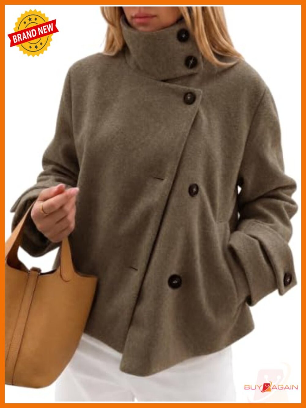 Faux Wool Crop Pea Coat Button Down High Neck Short Loose Fit Winter